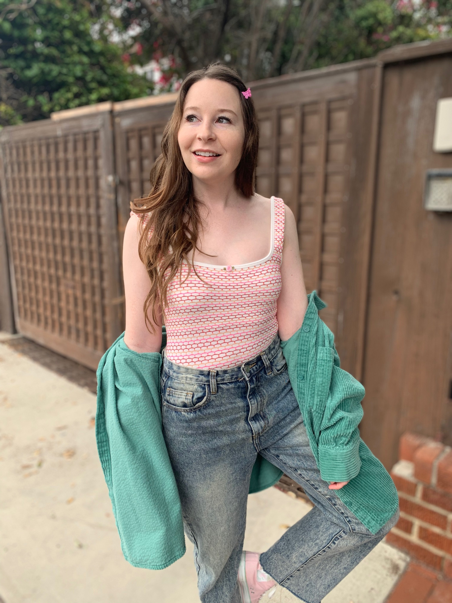 Butterfly clips 
Straight leg jeans 
Oversized corduroy overshirt
Pink converse hi tops 

#LTKstyletip #LTKshoecrush #LTKunder100