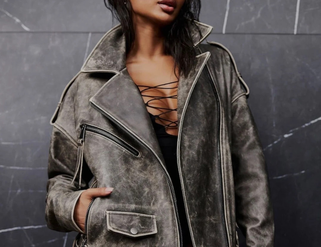 Women's 90s Oversized Moto Leather Jacket Handmade - Etsy | Etsy (US)