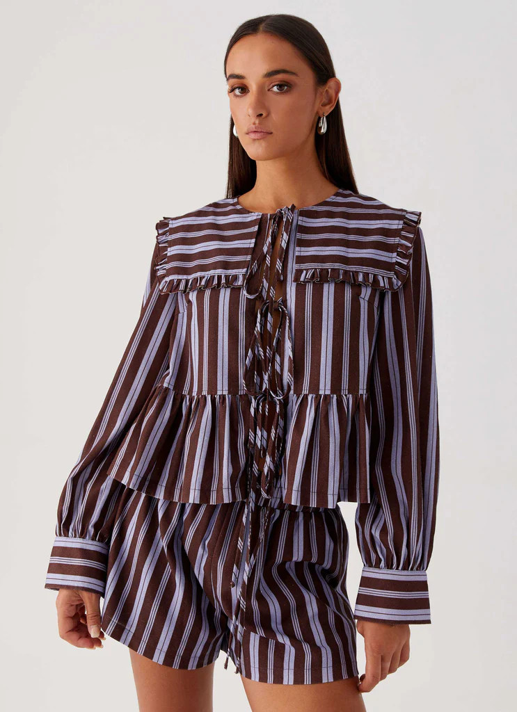 Emerson Tie Front Long Sleeve Top - Purple Brown Stripe | Peppermayo (Global)