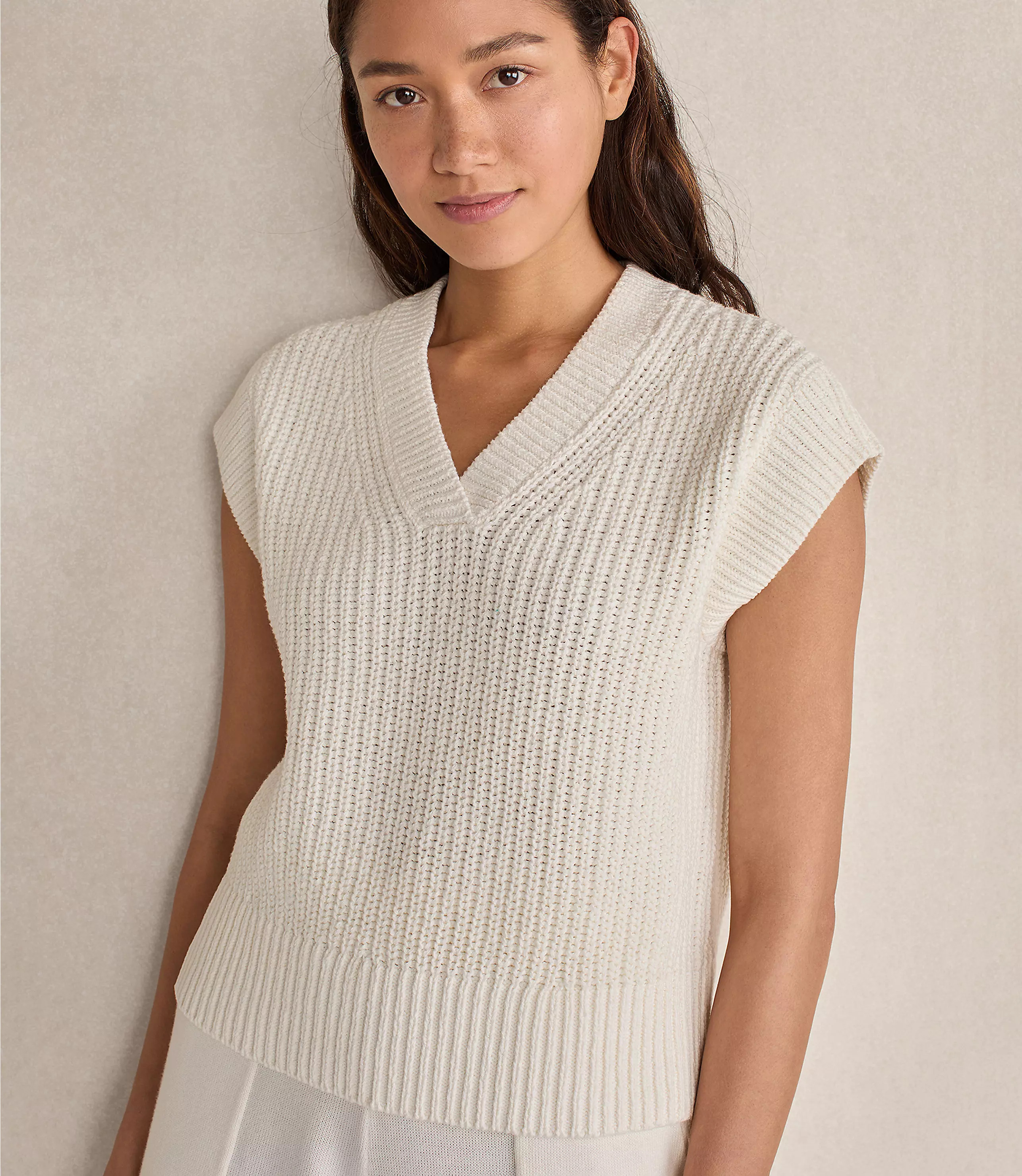 Haven Well Within Organic Cotton Linen Shaker Stitch V-Neck Sweater | LOFT