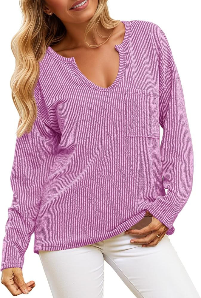 Cicy Bell Womens Tops Oversized Long Sleeve V Neck Shirts Casual Loose Fit Knit Tee Shirt with Po... | Amazon (US)
