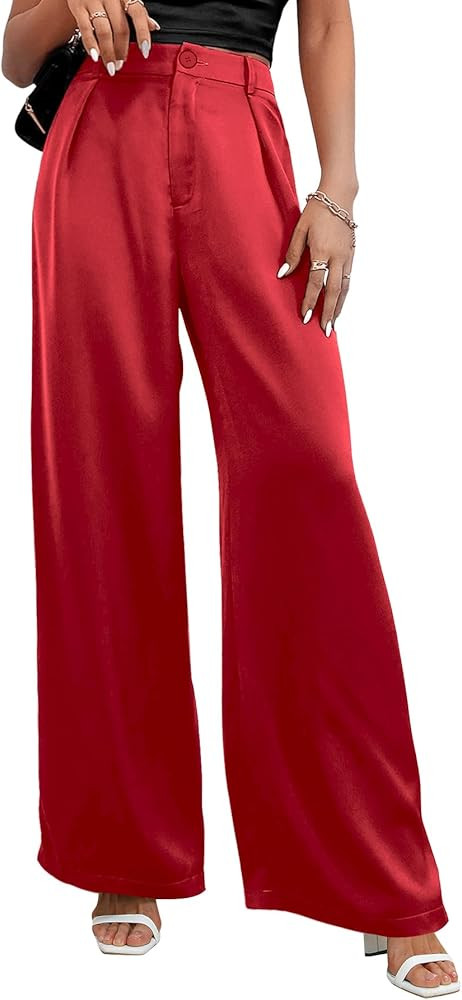 SweatyRocks Women's High Waist Satin Wide Leg Pants Casual Work Office Faux Silk Long Trousers wi... | Amazon (US)
