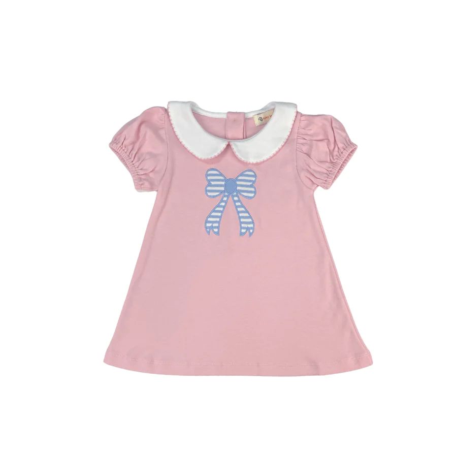 a-line light pink dress with sky blue stripe bow appliqué | Ellifox