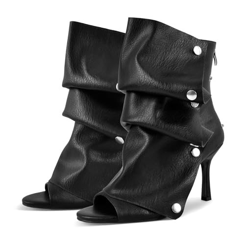 sexytag Women's Slouchy Peep Toe Booties Stiletto Kitten Heel Shark Boots Open Toe Back Zipper Ruched Detachable Snap Button Fashion Ankle Short Boot Black Size 9 | Amazon (US)