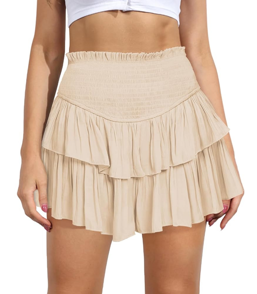Women's Cute High Waist Ruffle Mini Skirt Layered Ruffle Hem Flared Flowy Casual Swing Beach Mini... | Amazon (US)