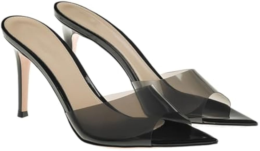 Women's Clear Pointed Open Toe Stiletto Heel Slide Sandals Fashion Sexy Slip On Transparent Strap... | Amazon (US)