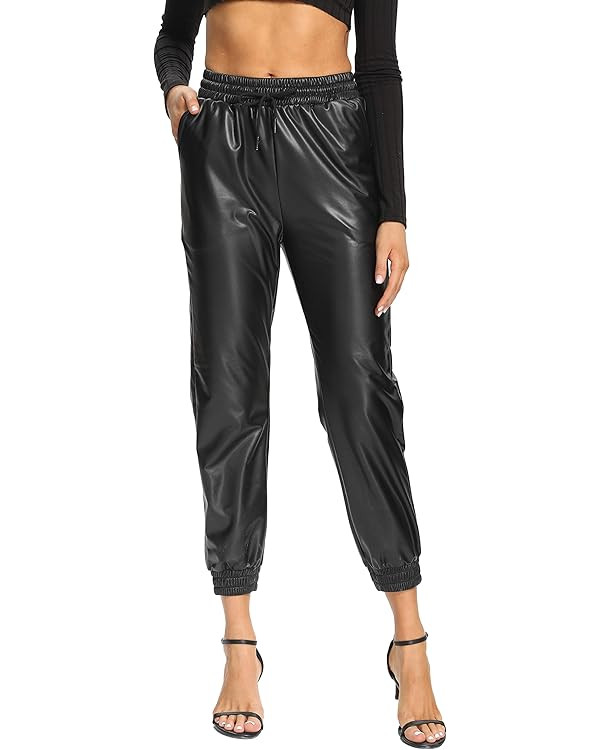 V VOCNI Faux Leather Jogger Pants High Waisted Thick Tummy Control Slimming Stretchy Black Leggin... | Amazon (US)