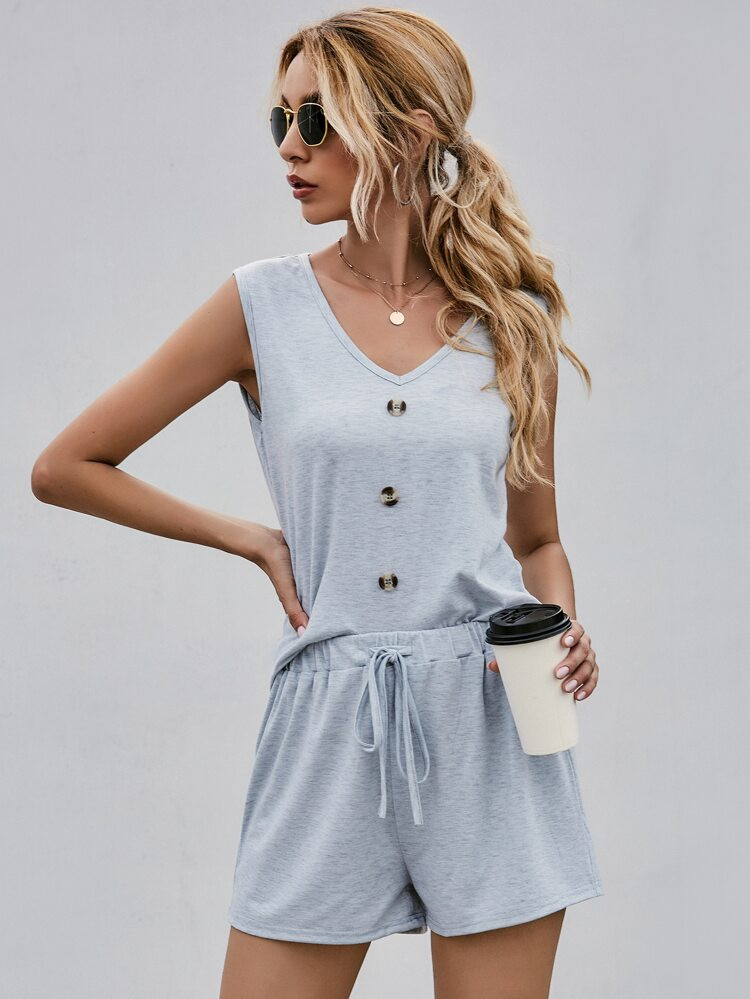 Solid Tank Top & Drawstring Waist Shorts | SHEIN