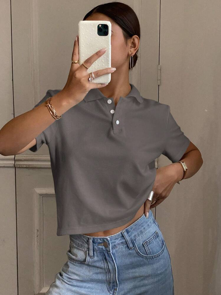 Livesso Women Summer Solid Color Short Sleeve Casual Polo Collar Loose T-Shirt,Business Casual Wo... | SHEIN