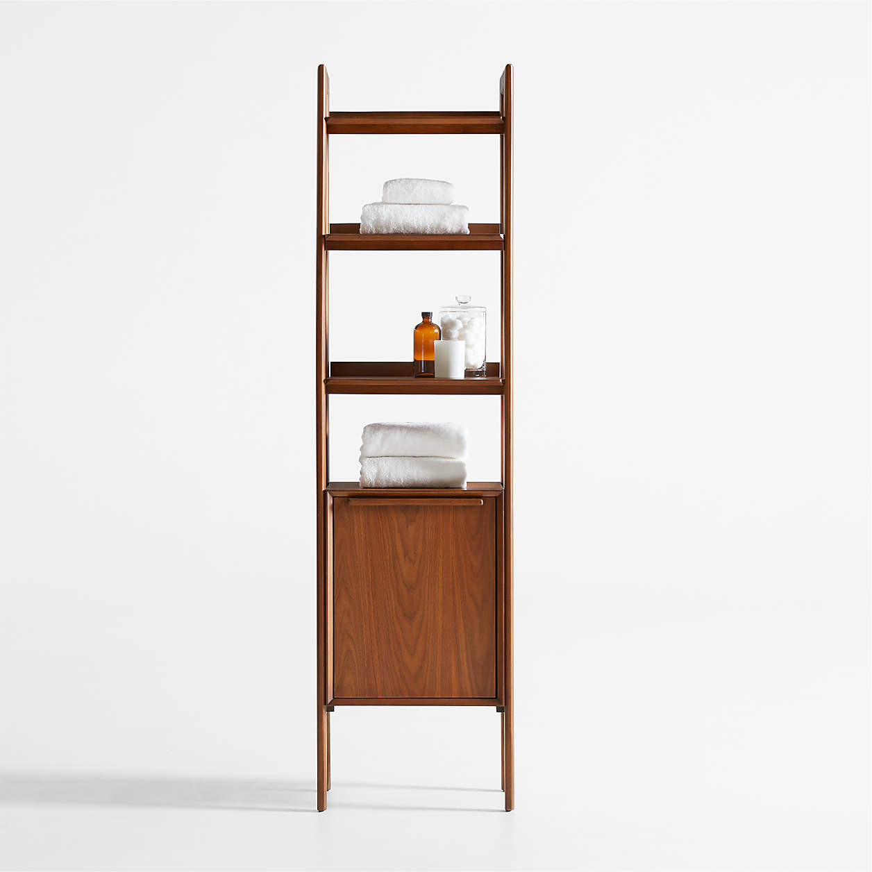 Tate Walnut Wood Bathroom Storage Tower + Reviews | Crate & Barrel | Crate & Barrel