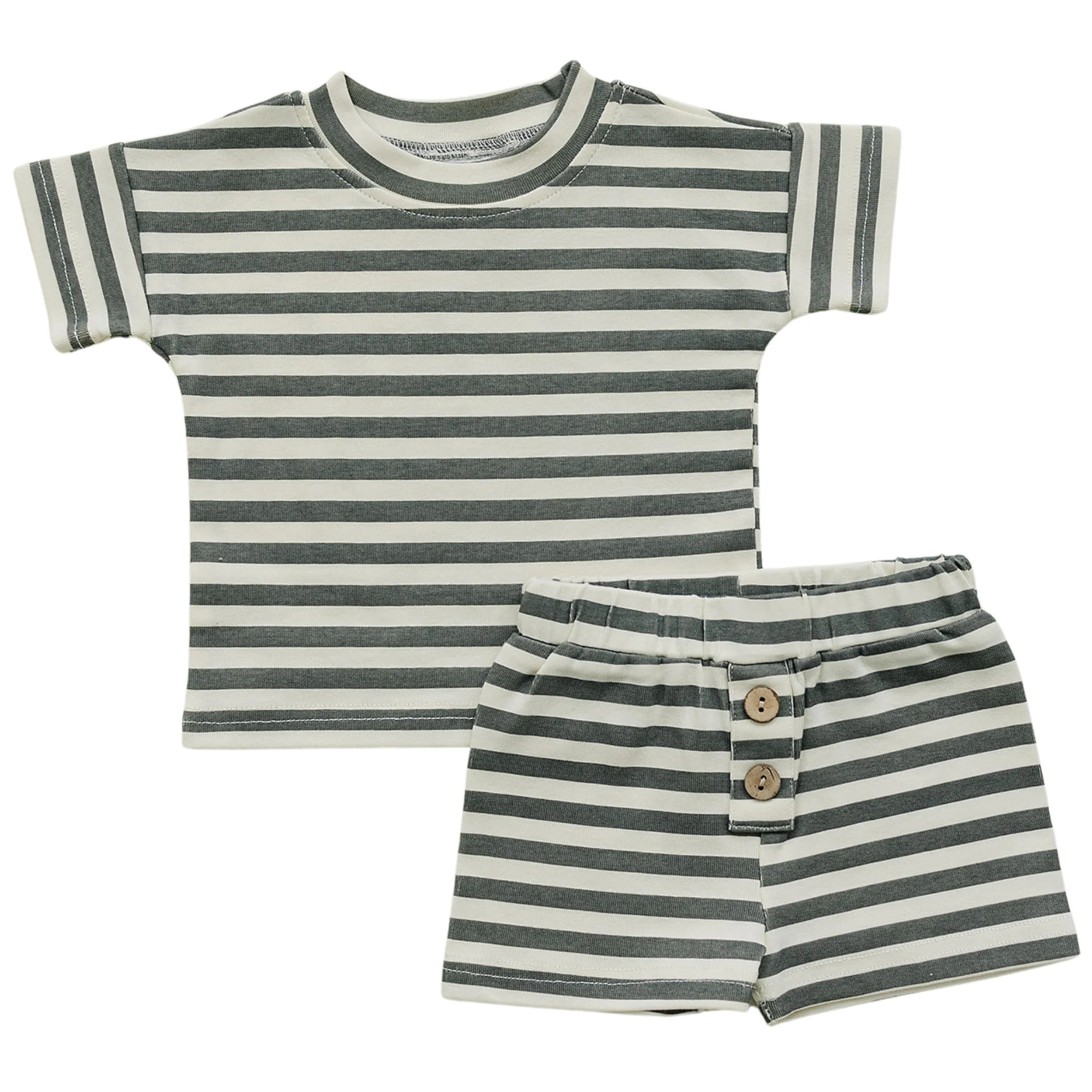 Charcoal Stripe Button Short Set | Mebie Baby