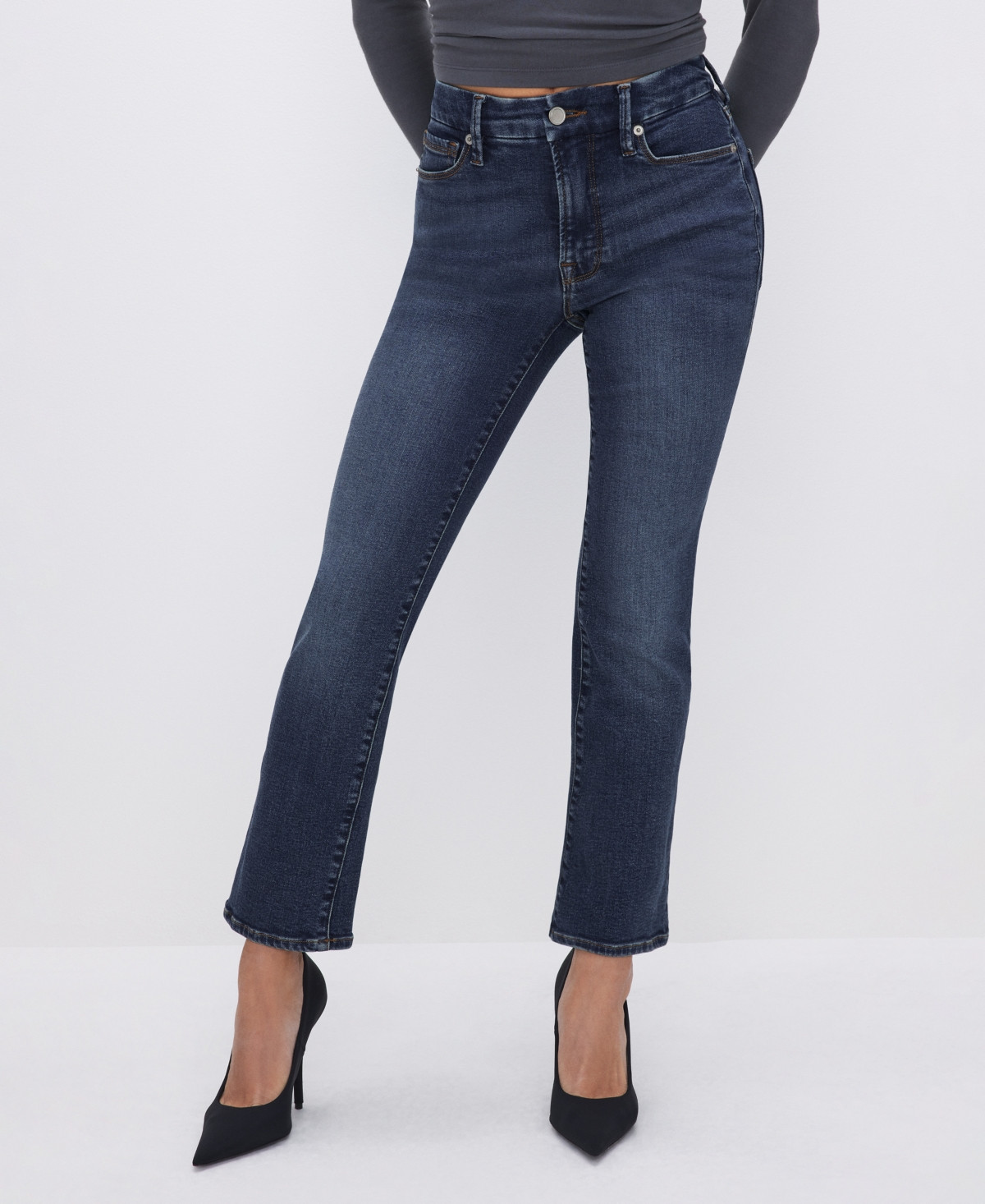 Good American Petite Good Mid-Rise Straight Jeans - Dark Blue | Macy's