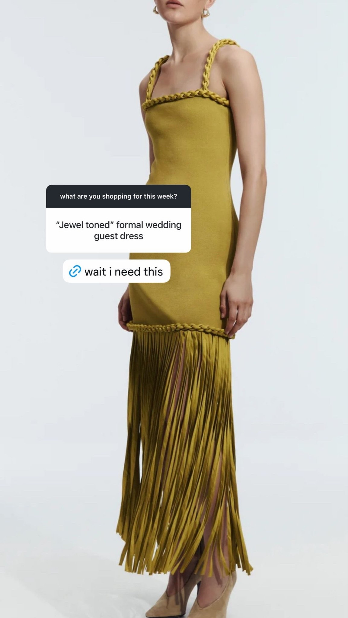 wait, i need this 😍 such a gorgeous option for a formal fall wedding, especially if the dress code calls for jewel tones. the olive/chartreuse shade feels so unexpected, and the braided trim + fringe hem make it feel really special.

i’d keep the accessories simple with a sleek heel, gold jewelry, and a small clutch and let the dress do all the work.

#LTKSeasonal