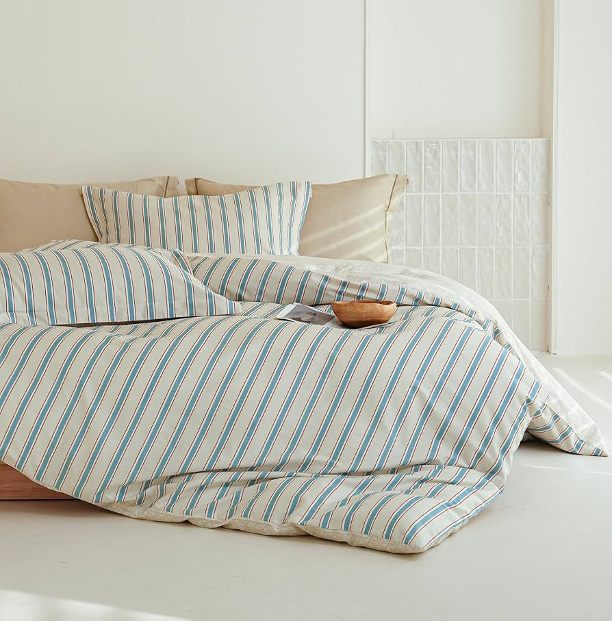Comforter Queen Size - 100% Cotton Beige and Blue Striped Reversible Comforter Set, Hypoallergeni... | Amazon (US)