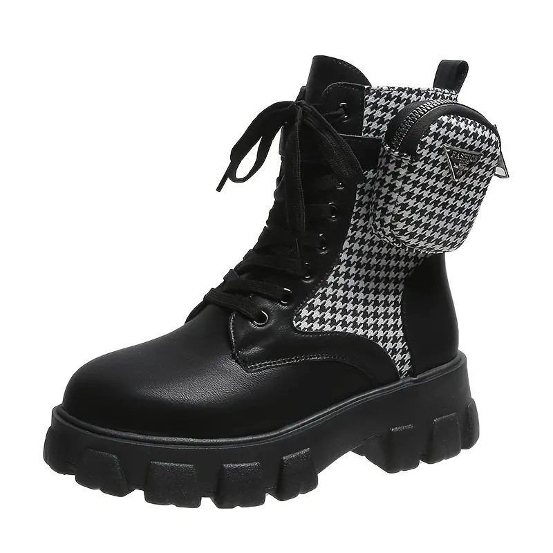 Thick Sole Houndstooth Panel Martin Boots With Pocket Decor  Women‘s Ankle Boots  Lace-up Comba... | Walmart (US)