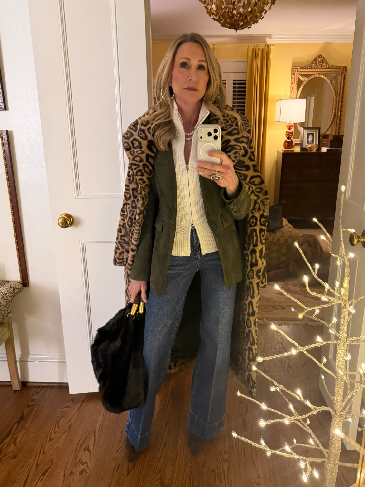 Out to dinner…chic but warm!  Frame jeans, Jimmy Choo boots, Veronica Beard blazer and dicky, Faux fur bag, Simon Miller coat.  

#LTKootd #LTKSeasonal #LTKOver40