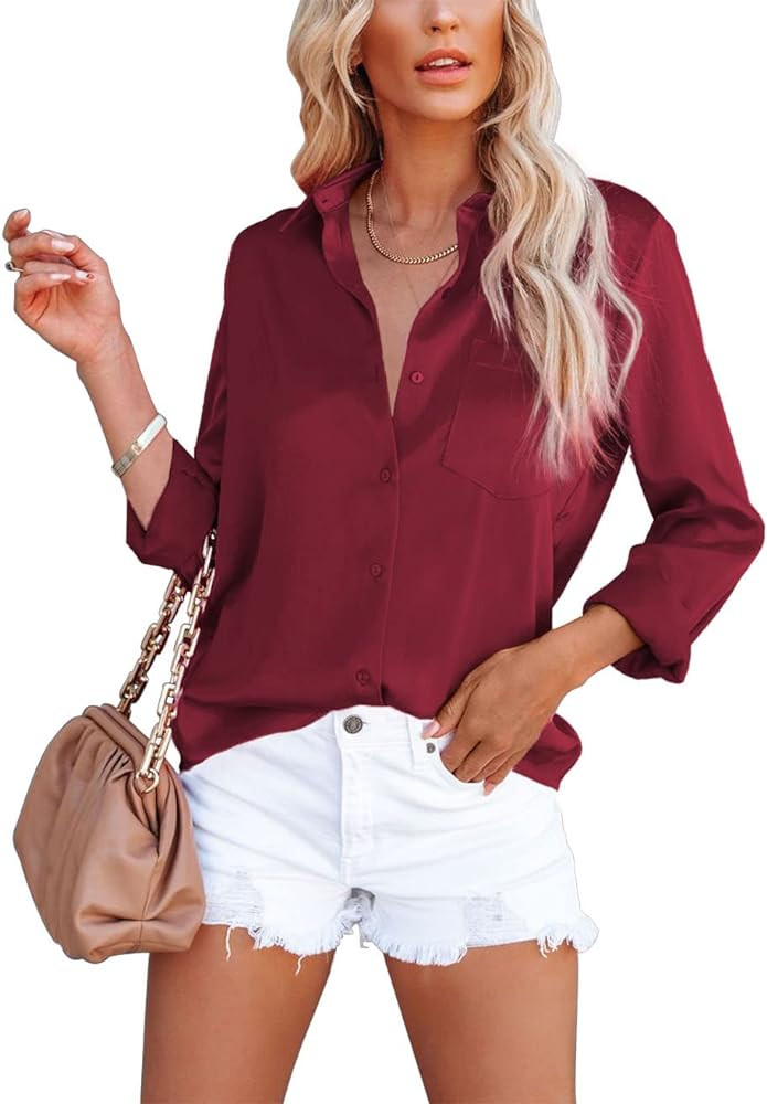 OMSJ Women's Button Down Shirts Satin V Neck Long Sleeve Casual Work Blouse Tops with Pocket | Amazon (US)