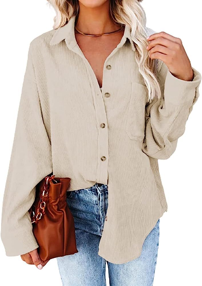 Actloe Womens Corduroy Shirt Long Sleeve Oversized Button Down Blouses Tops Loose Casual Jacket with | Amazon (US)