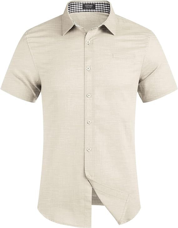 COOFANDY Men's Regular-Fit Short-Sleeve Solid Linen Cotton Shirt Casual Button Down Beach Shirt | Amazon (US)