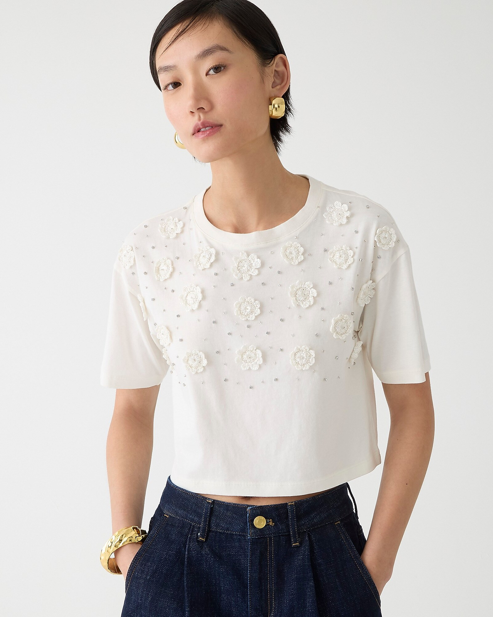 Cropped T-shirt with crochet floral appliqués | J. Crew US