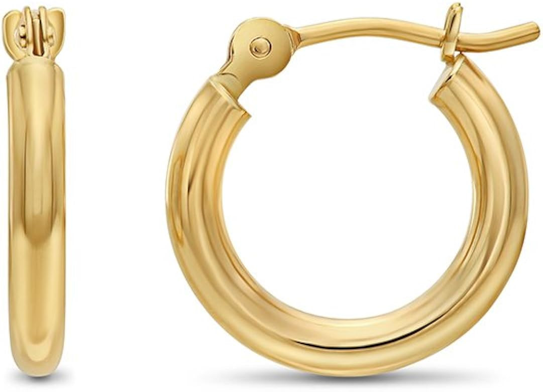 14k Yellow Gold Classic Shiny Polished Round Hoop Earrings, 2mm tube | Amazon (US)