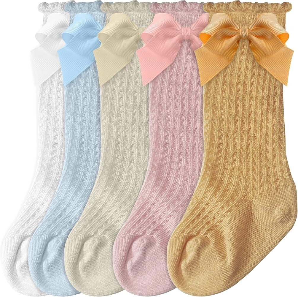 CozyWay Baby Girls Knee High Socks with Bow Long Stockings Infants Toddlers Ruffled Socks School ... | Amazon (US)