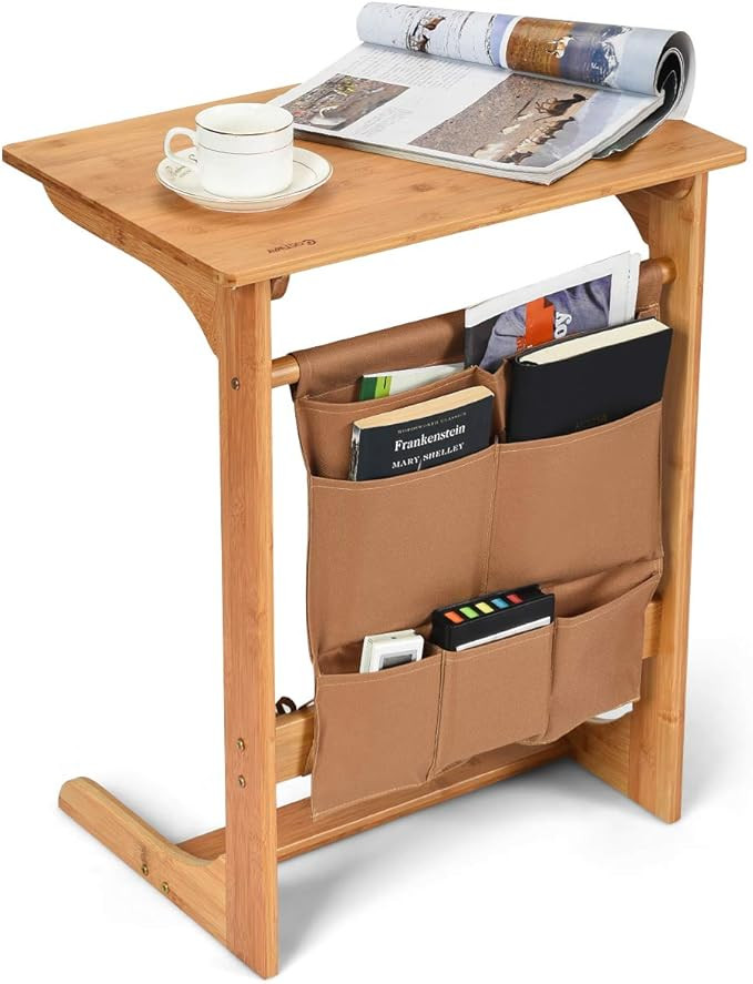 COSTWAY 100% Bamboo Side Table, L-Shaped TV Tray Side Table, Snack End Table Laptop Desk with Sto... | Amazon (US)