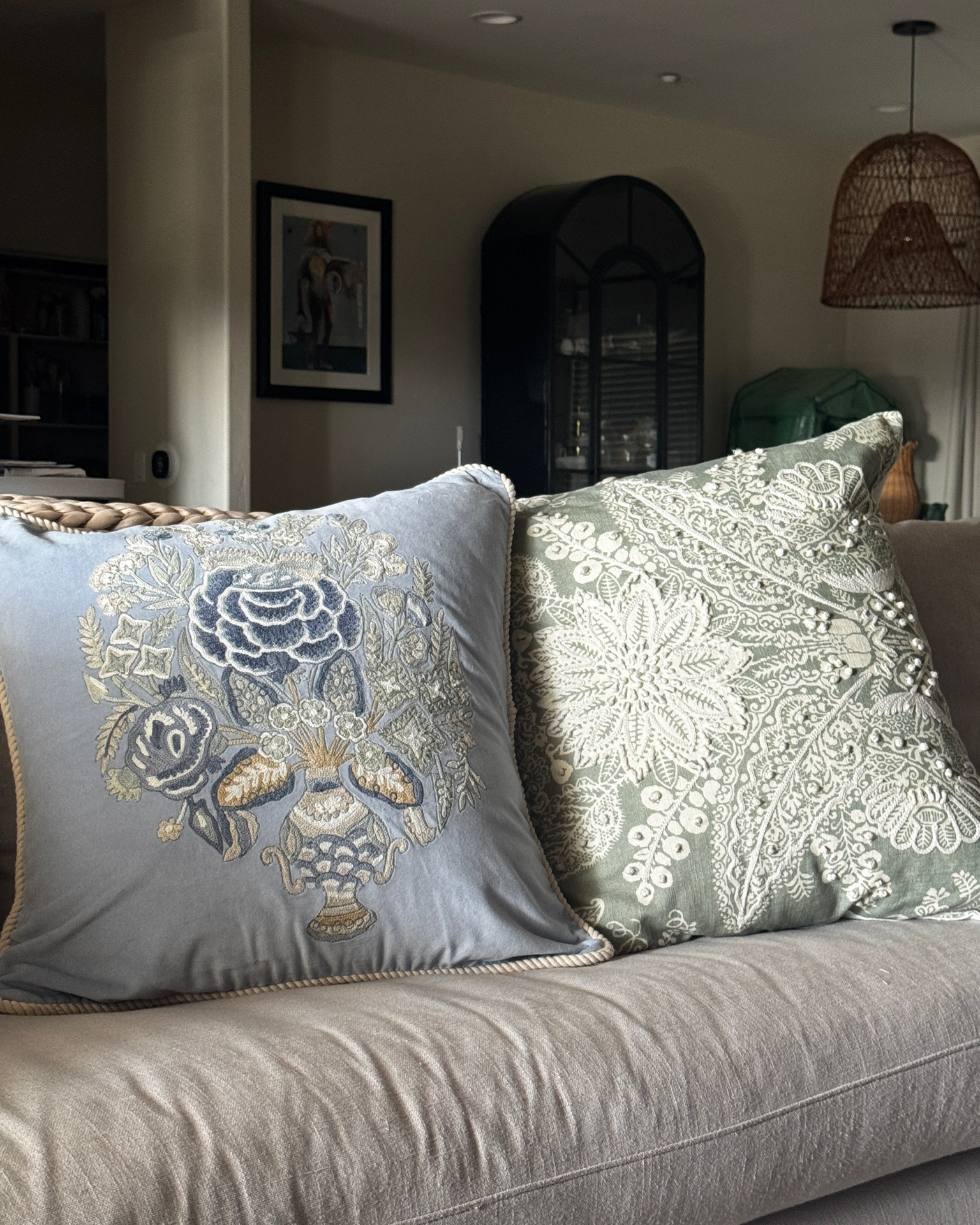 My new favorite pillows. I had a new cream colored couch that was pretty  but boring - these simple additions (both on major sales) made a huge difference. Obsessed! Pottery barn, Kravet, pillows, bedding