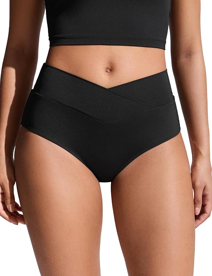 CRZ YOGA High Waisted V Cut Bikini Bottom for Women - Cross Front Bathing Swimsuit Full Coverage ... | Amazon (US)