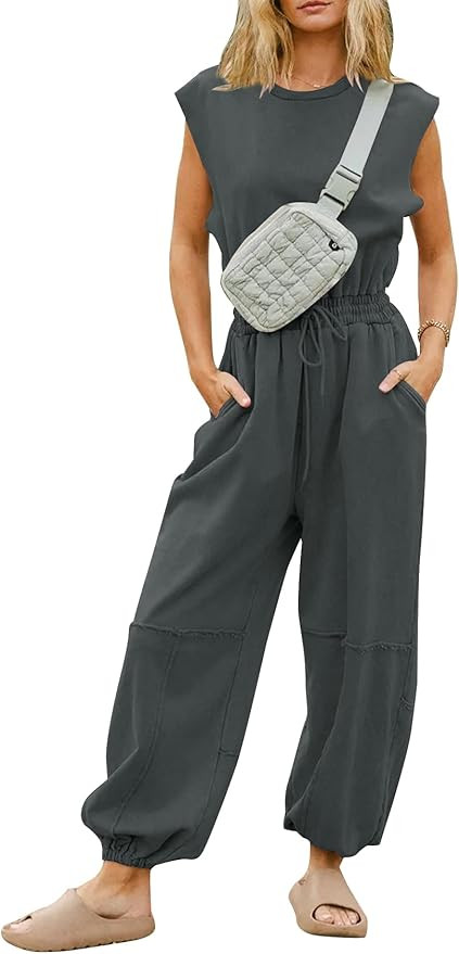 Kissonic Jumpsuits for Women Casual Crewneck Cap Sleeve Drawstring Romper One Piece Outfits with ... | Amazon (US)