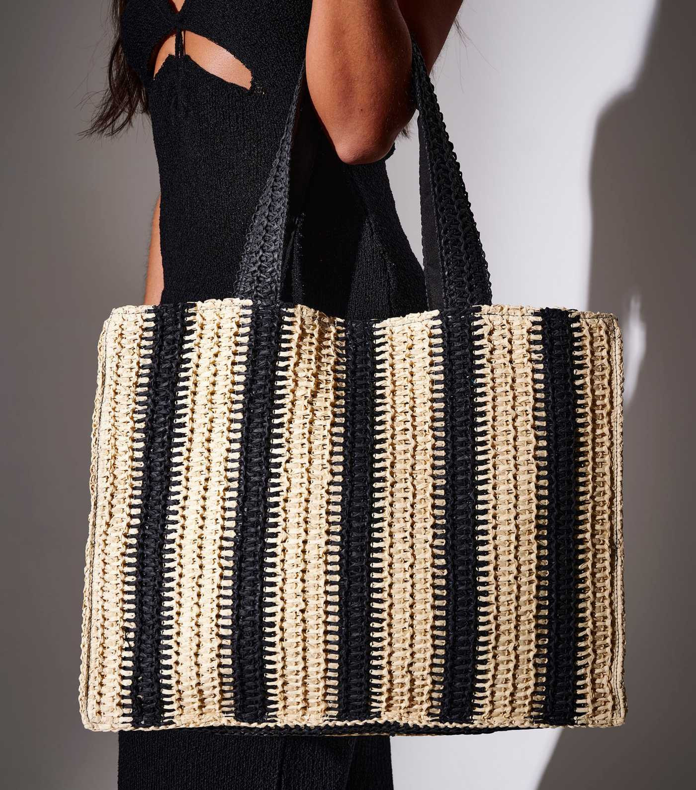 South Beach Black Straw Stripe Tote Bag | New Look | New Look (UK)