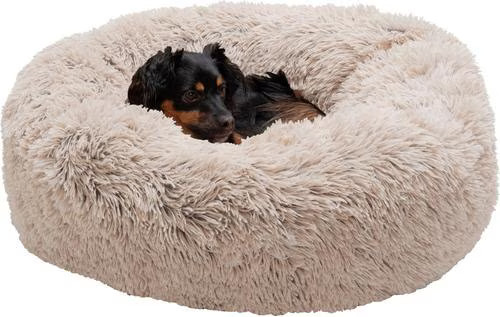 FurHaven Calming Cuddler Long Fur Donut Bolster Dog Bed, Taupe, Medium | Chewy