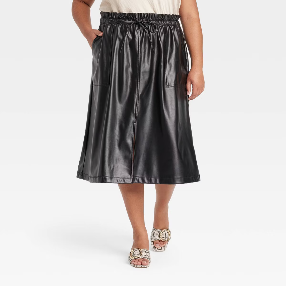 Women's Faux Leather Midi A-Line Skirt - Ava & Viv™ Black 3X | Target