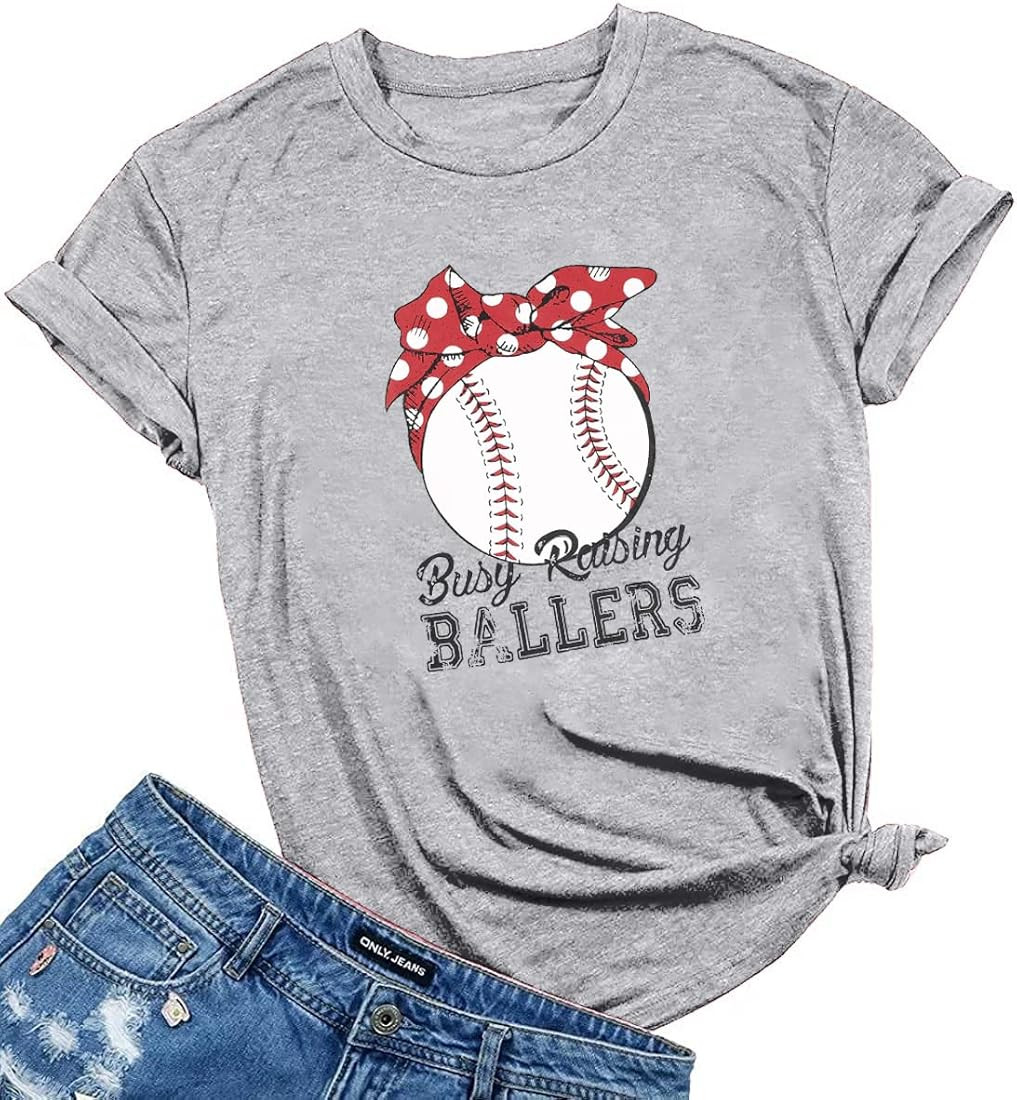 Baseball Shirt Women Busy Raising Ballers Shirt Funny Baseball Mom Short Sleeve Tee Top | Amazon (US)