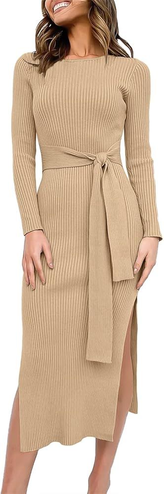 Caracilia Women's Crew Neck Long Sleeve Midi Sweater Dress Elegant Side Slit Rib Knit Slim Tie Wa... | Amazon (US)