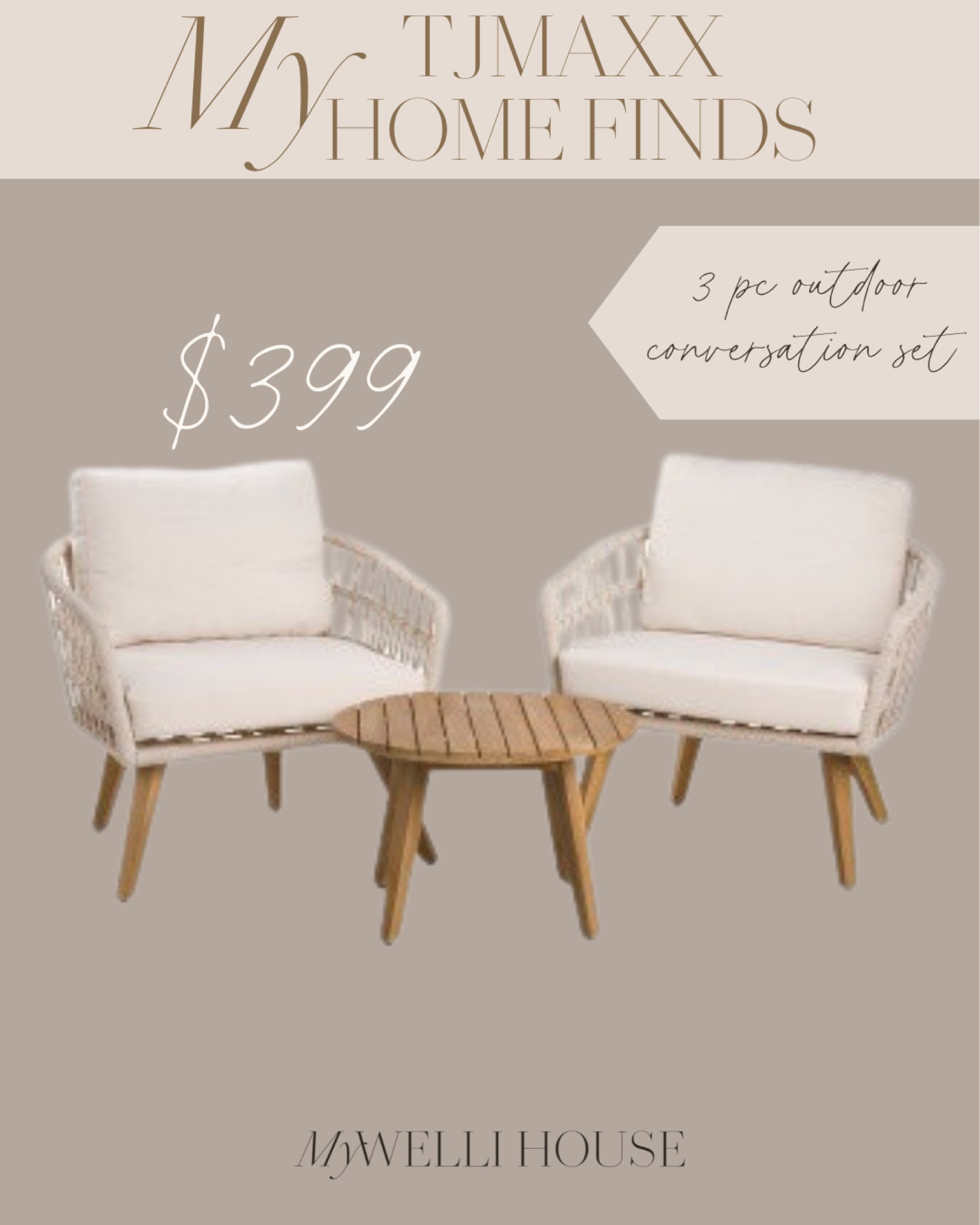 3 pc conversation set outdoor furniture from TJMAXX! Rope and acacia 
Patio season, patio chat set, outdoor essentials 

#LTKFind #LTKhome #LTKSeasonal