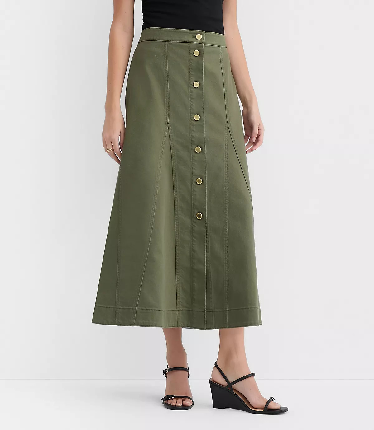 Twill Godet Button Midi Skirt | LOFT