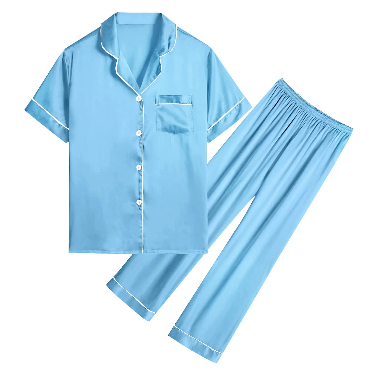 DAKIMOE Silk Satin Pajamas Set for Women Two-Piece Short Sleeve Shirt with Long Pajama Pant Set S... | Walmart (US)