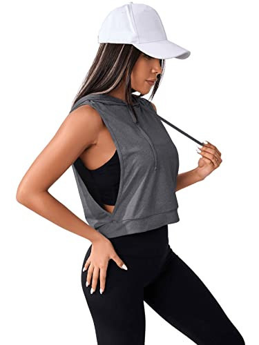 SweatyRocks Women's Sleeveless Drawstring Crop Hoodie Sweatshirt Cut Out Athletic Workout Shirt Dark Grey L | Amazon (US)