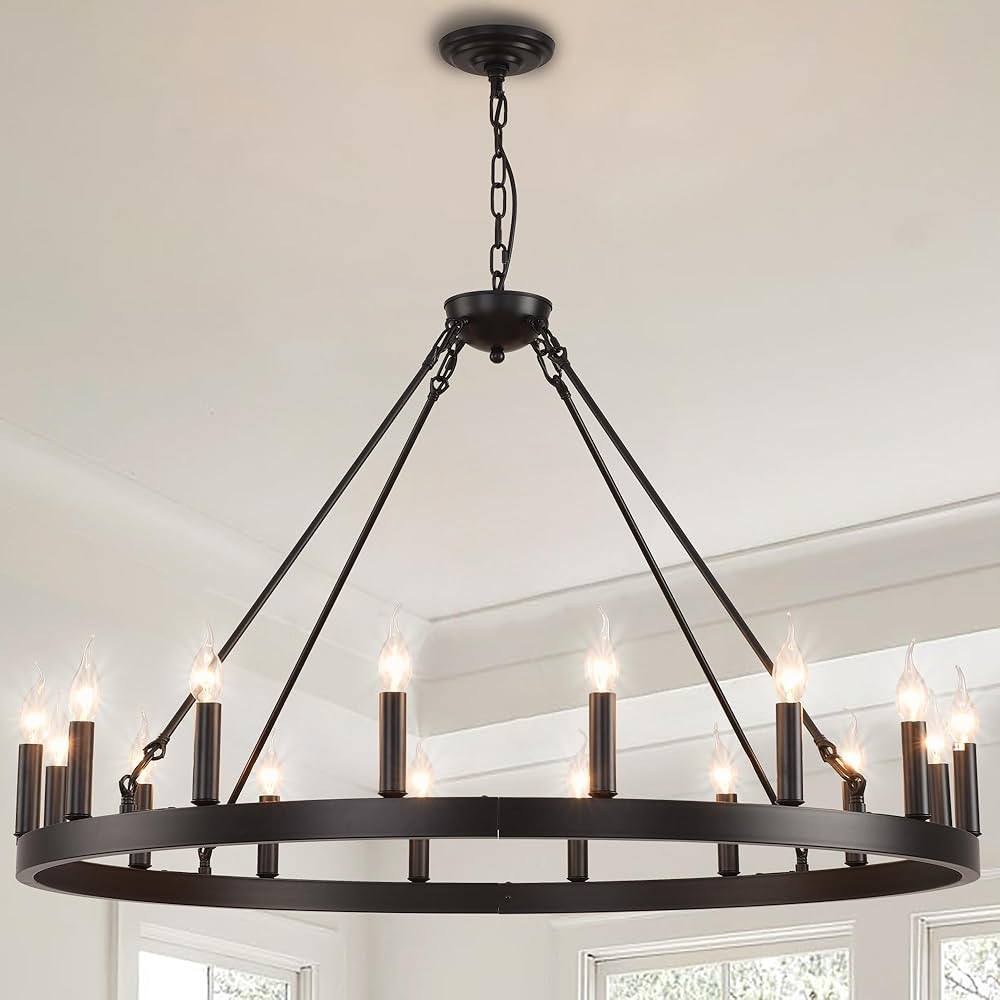 40 Inch Black Large Farmhouse Wagon Wheel Chandelier,16-Light Rustic Round Hanging Light Fixture,... | Amazon (US)