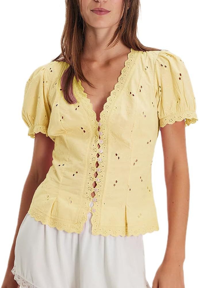 Women Lace Trim Button Down Top Y2K Short Sleeve Eyelet Babydoll Tops Boho Flowy Blouse Pleated P... | Amazon (US)