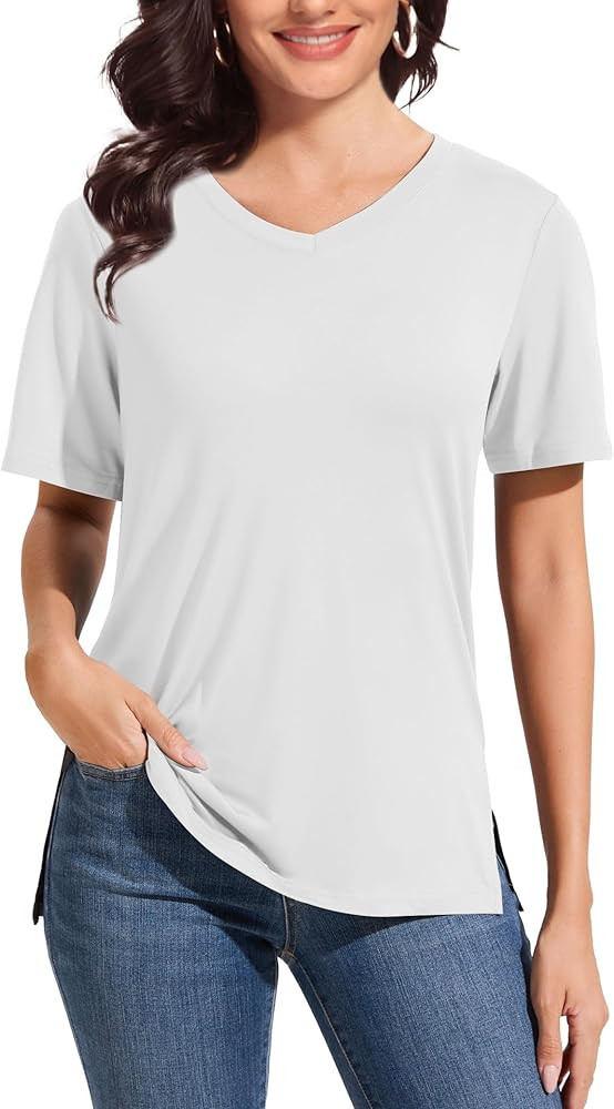 V Neck T Shirt for Women Plus Size, Short Sleeve Casual Tops Summer 2025 Basic Tees | Amazon (US)