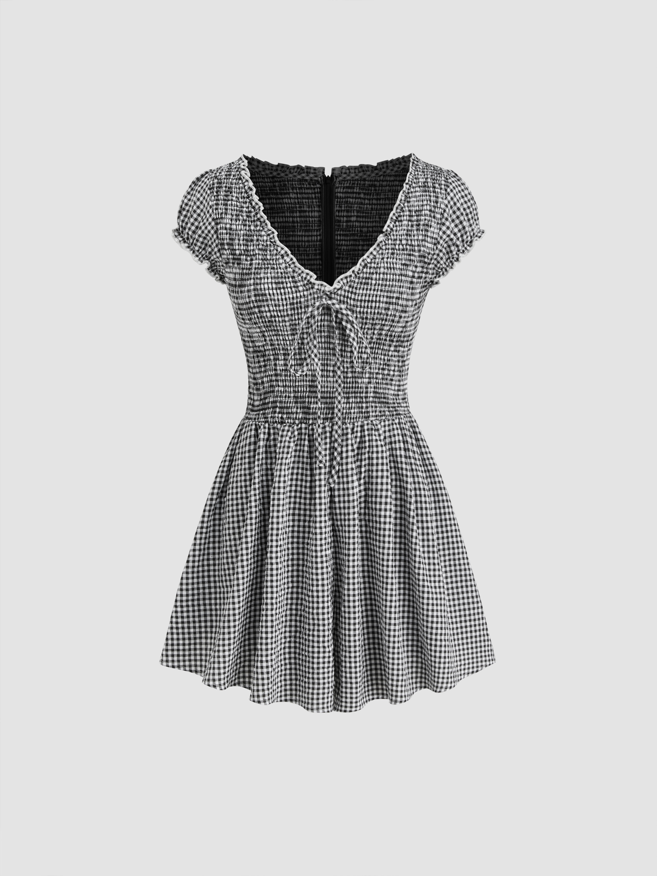 Woven Cotton-blend V-neck Gingham Shirred Puff Sleeve Romper For Daily Casual | Cider