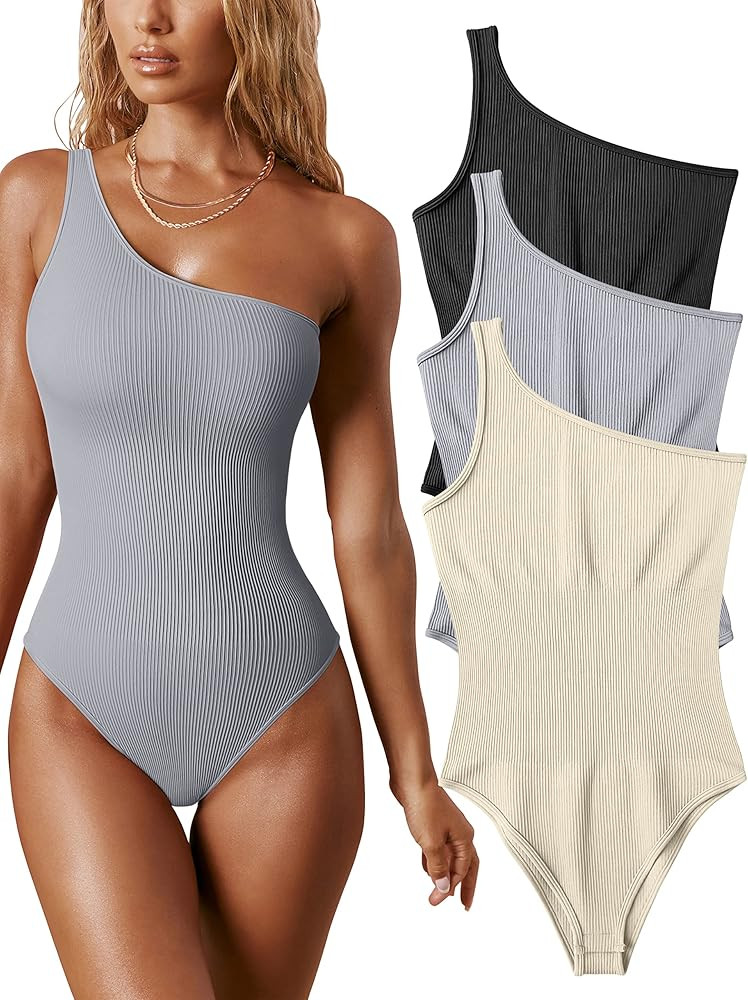OQQ Women's 3 Piece Bodysuits Sexy Ribbed One Shoulder Sleeveless Exercise Bodysuits | Amazon (US)