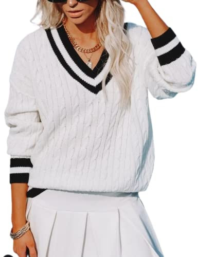 InterNos Women's Casual V Neck Long Sleeve Sweater Trendy Striped Pullover Cable Knit Preppy Swea... | Amazon (US)