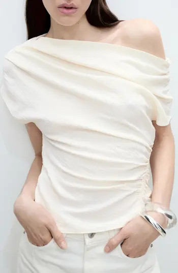MANGO Asymmetric Off the Shoulder Ruched Top in Light Beige at Nordstrom Rack, Size Large | Nordstrom Rack