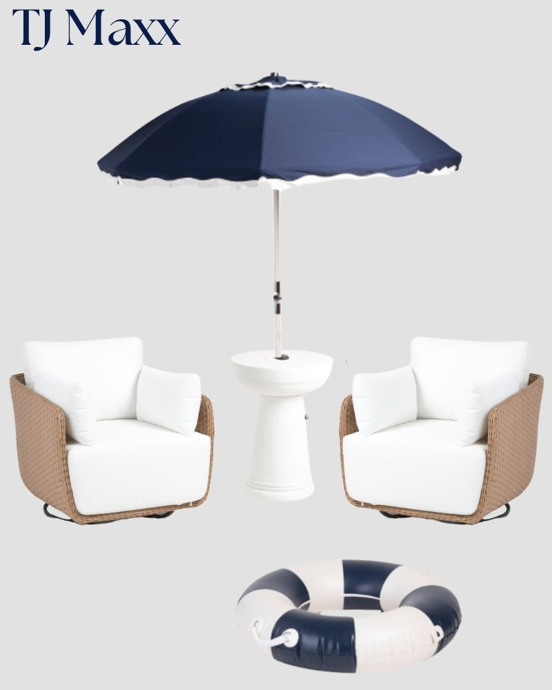 Business and pleasure on sale at TJ maxx, navy blue umbrella, outdoor chairs, umbrella stand table, patio, porch, spring, summer, white, wicker, woven.

#LTKHome #LTKSeasonal #LTKSaleAlert