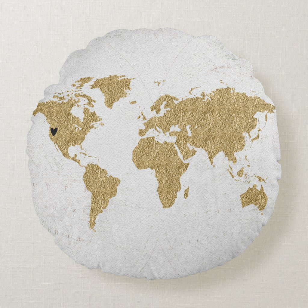 Gold Foil World Map Custom Moveable Heart Location Round Pillow | Zazzle