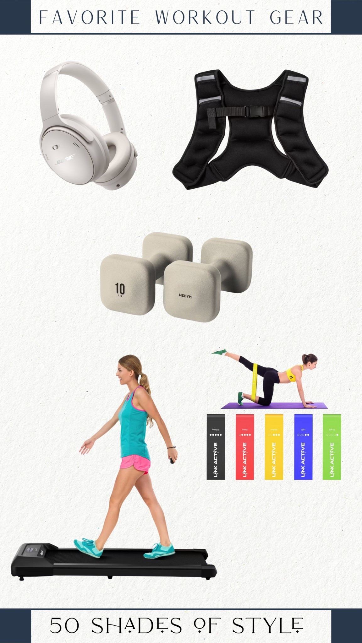 wireless over ear headphones, bose, weighted walking vest, walking pad, dumbbells, resistance bands, at home gym

#LTKHome #LTKfitnessgoals #LTKActive