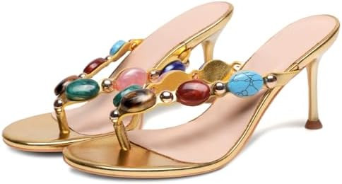 Jewelled Thong Heeled Sandals for Women Slip On Round Open Toe Flip Flop Pumps Mules Summer Strap... | Amazon (US)